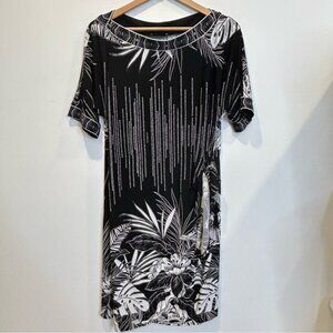 Robbie Bee Sheath Faux Wrap Dress Short Sleeve Above Knee Black White Floral